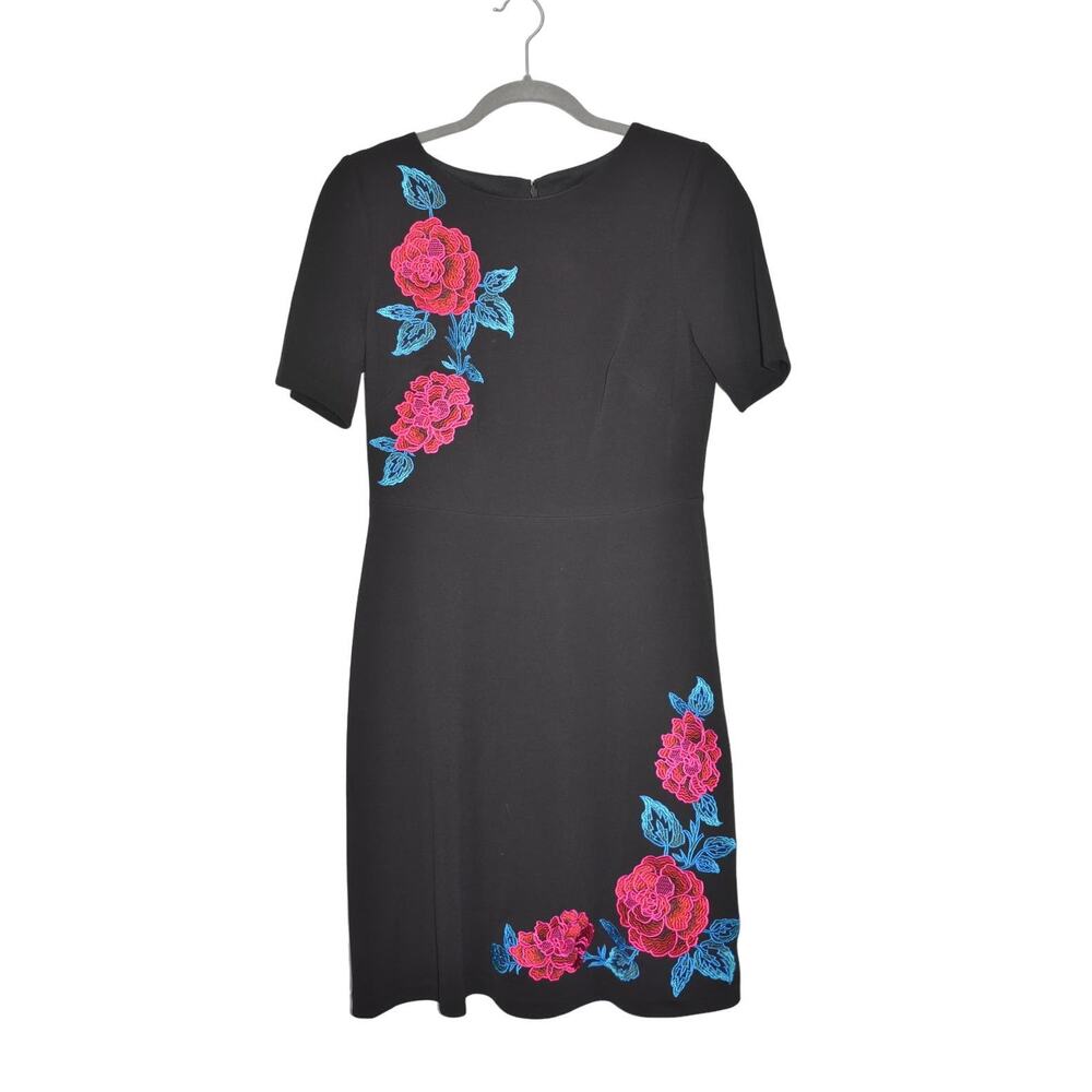 JAX Black Label Dress Size 6 Black Pink Blue Floral Fit Flare Embroidery